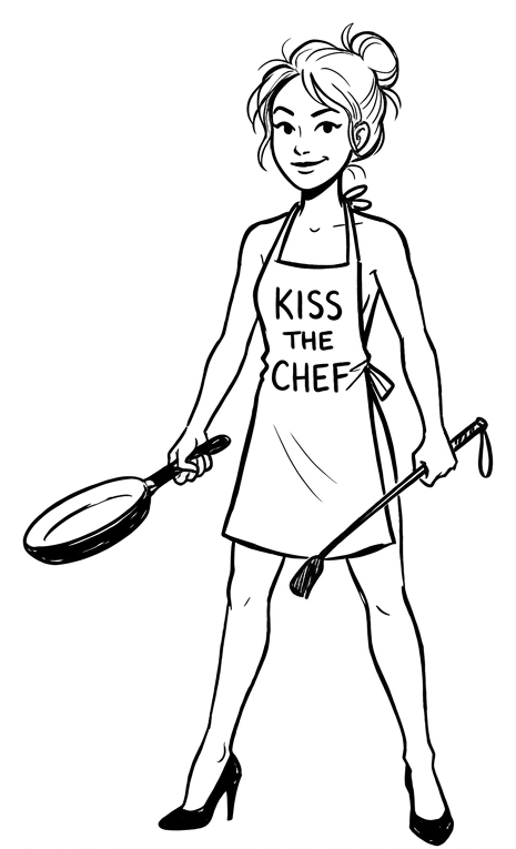 A cook in a Kiss the Chef apron holding a frying pan and a whisk